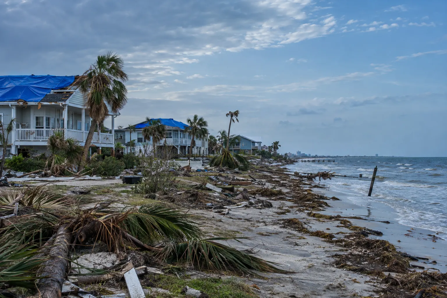 Coastal neighborhood after a hurricane with tarped roofs and storm debris