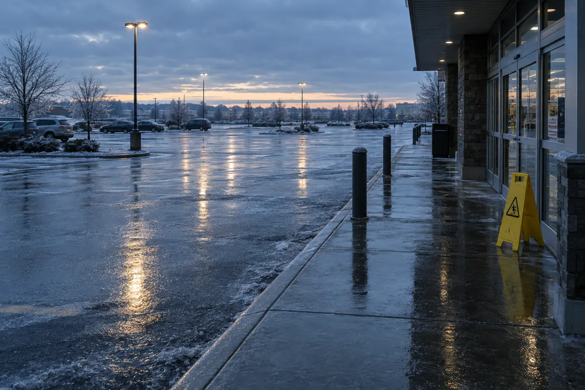 Parking lot and storefront sidewalk glazed with ice after freezing rain
